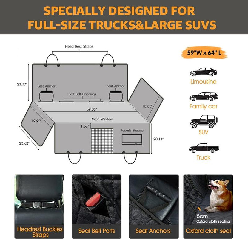 XL anti Slip and Scratch Resistant Dog Truck Hammock -100% Waterproof, with Large Mesh Windows, Durable and Easy to Clean