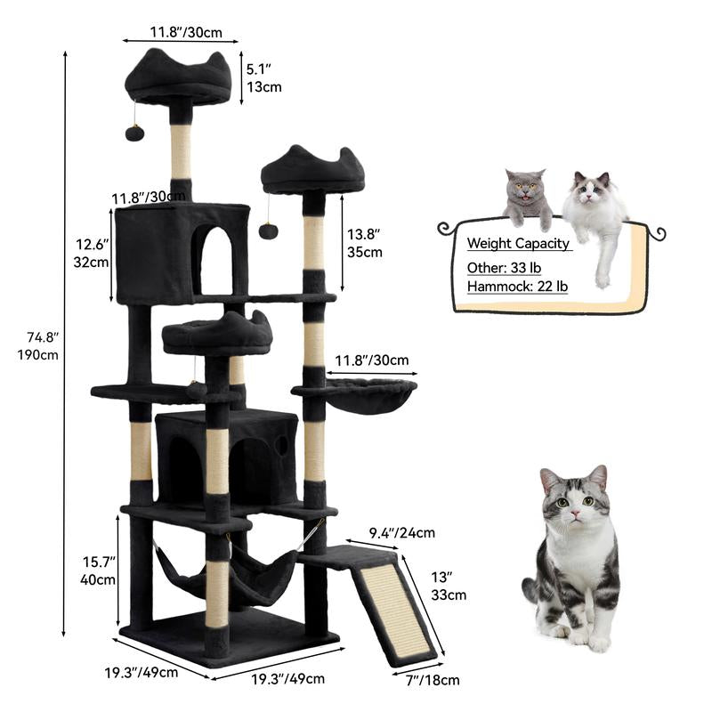 YITAHOME Tall Cat Tree Tower for Indoor Cats, 75In Multi-Level Cat Climbing Tower with Cat Condos, Top Perches, Hammock, Sisal Scratching Posts and Board, Kittens Play Activity Center