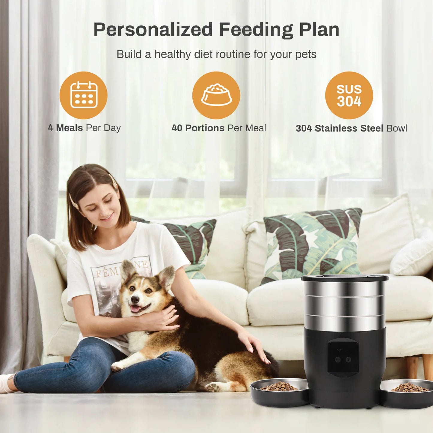 4.5L Button WiFi Automatic Cat Feeder Includes Two Stainless Steel Bowls Smart Pet Cat and Dogs Food Dispenser Feeder Pet Feeder