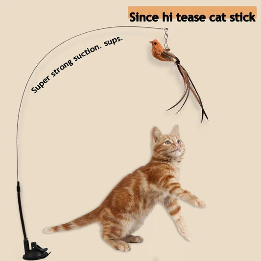 Juguetes para gatos con forma de pájaro simulado, ventosa de epoxi mejorada, alambre de acero, varilla larga, pluma, palo para burlarse de los gatos, sin ingredientes dañinos.