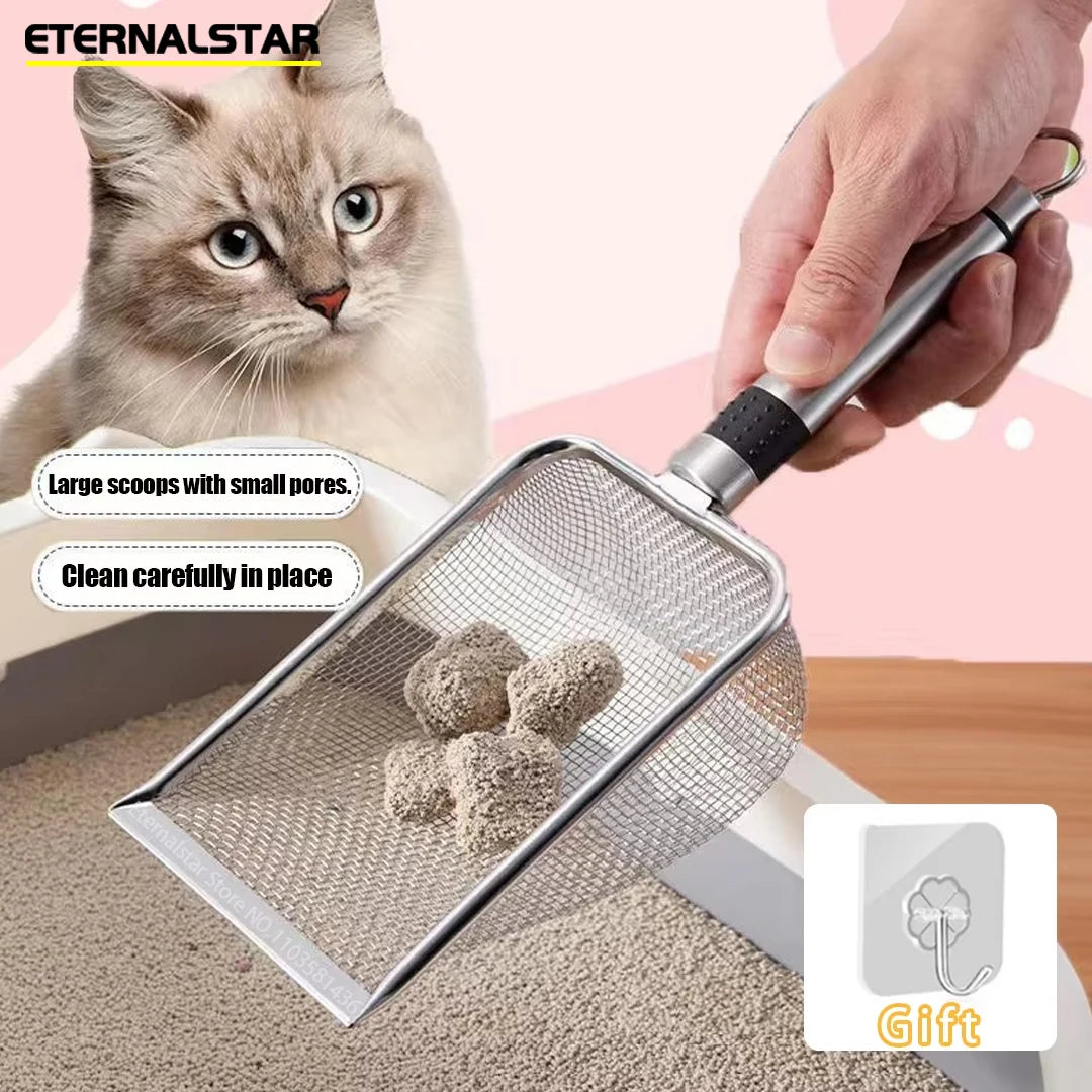 Pala per sabbia per gatti in acciaio inox con pori fini, pala per escrementi di animali domestici, lega di alluminio, manico resistente in acciaio inox, pala per escrementi di animali domestici