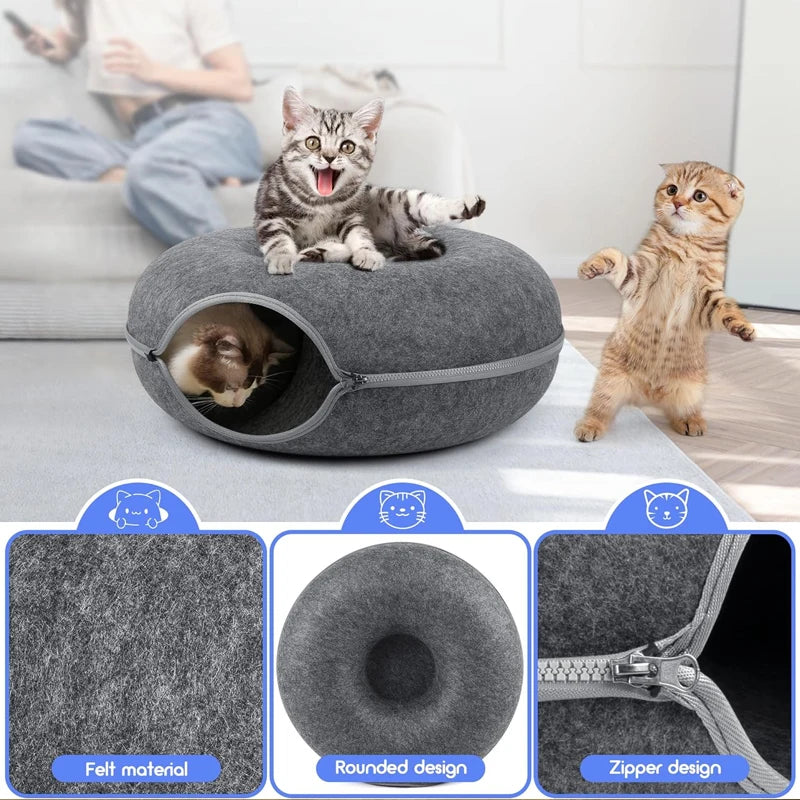 Cama interactiva tipo túnel para gatos, de fieltro, de doble uso, ideal para interiores y deportes.