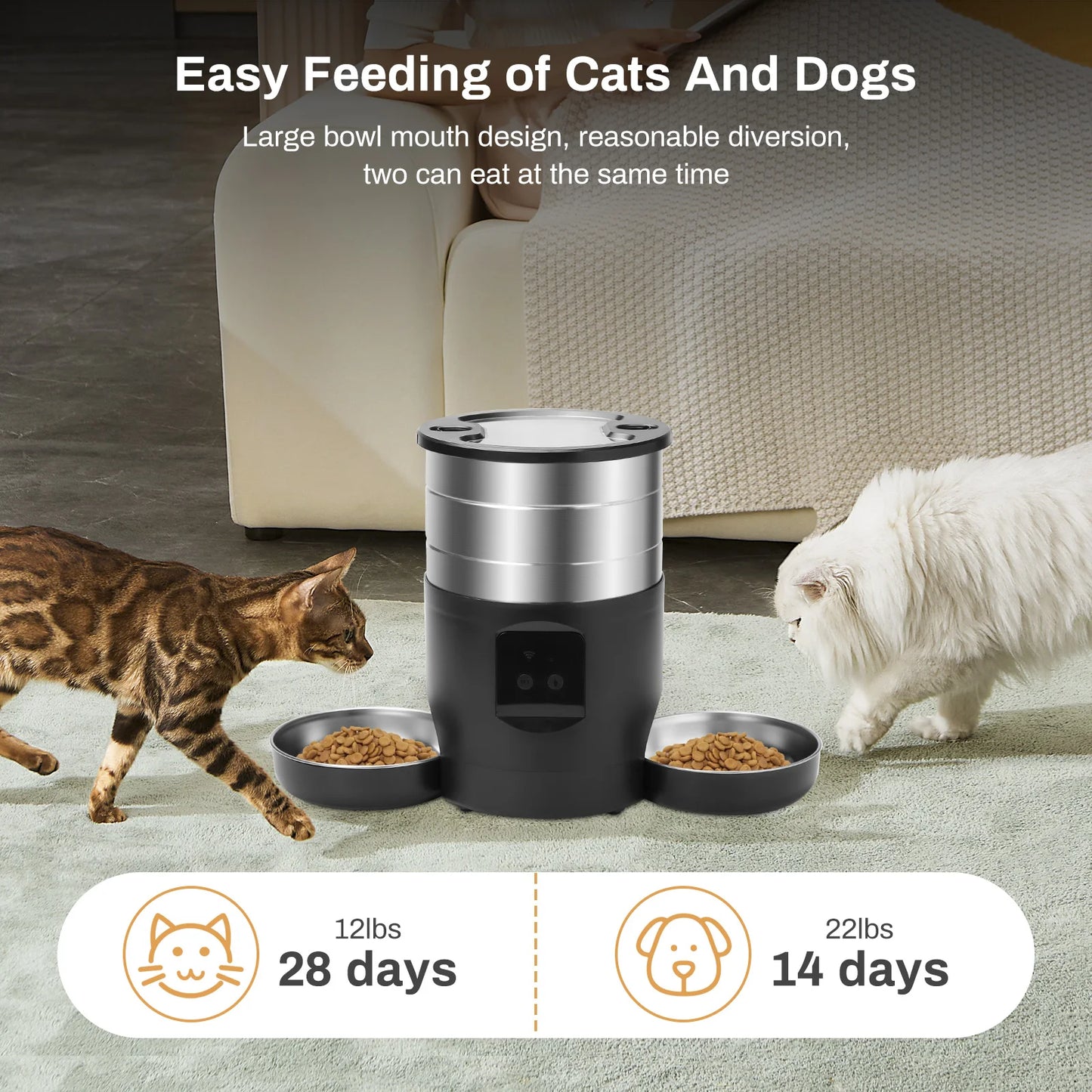 Distributore automatico di cibo per gatti WiFi con pulsante da 4,5 l, include due ciotole in acciaio inossidabile Distributore di cibo per cani e gatti Smart Pet Distributore di cibo per animali domestici