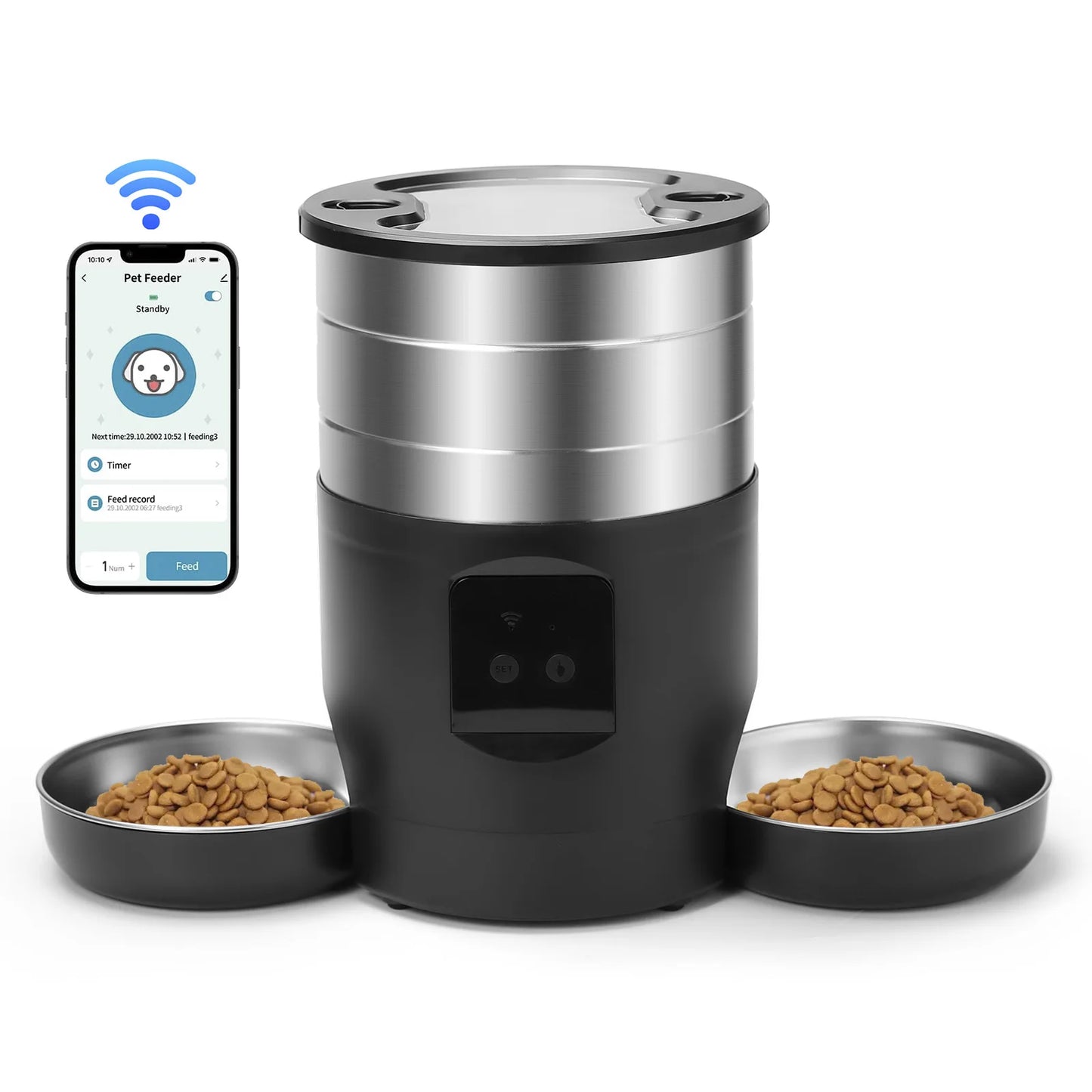 4.5L Button WiFi Automatic Cat Feeder Includes Two Stainless Steel Bowls Smart Pet Cat and Dogs Food Dispenser Feeder Pet Feeder