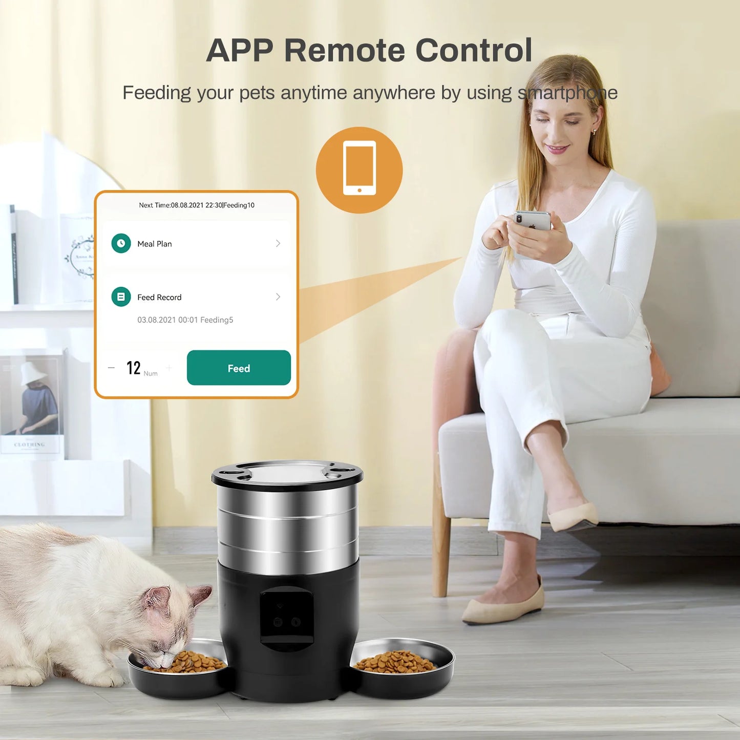 Distributore automatico di cibo per gatti WiFi con pulsante da 4,5 l, include due ciotole in acciaio inossidabile Distributore di cibo per cani e gatti Smart Pet Distributore di cibo per animali domestici