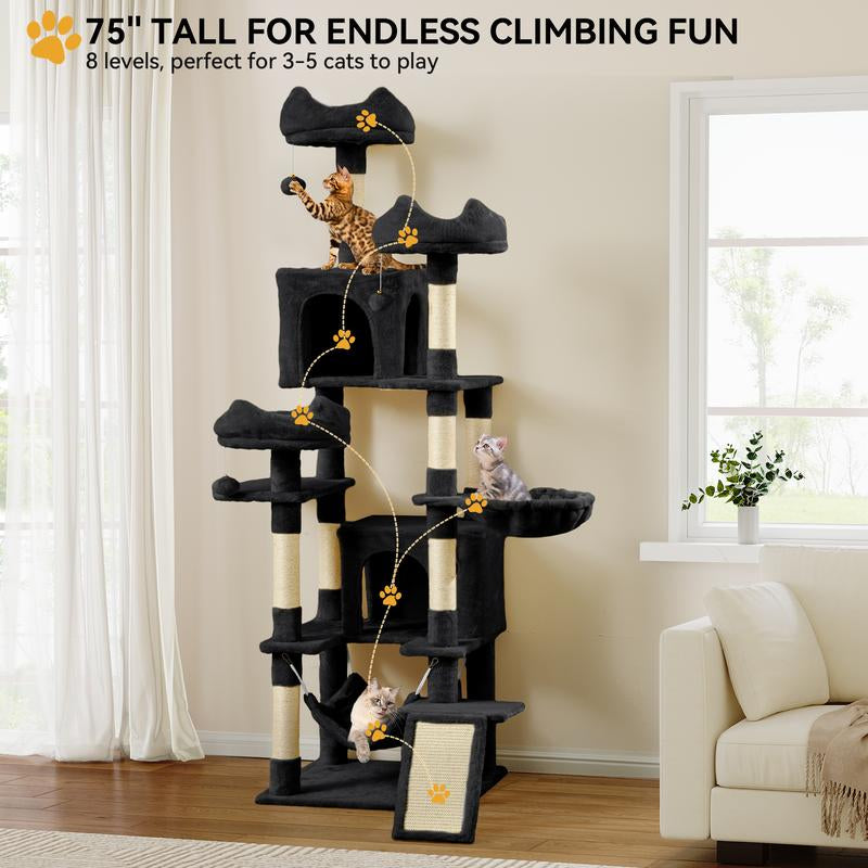 YITAHOME Tall Cat Tree Tower for Indoor Cats, 75In Multi-Level Cat Climbing Tower with Cat Condos, Top Perches, Hammock, Sisal Scratching Posts and Board, Kittens Play Activity Center