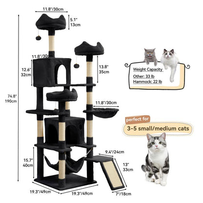 YITAHOME Tall Cat Tree Tower for Indoor Cats, 75In Multi-Level Cat Climbing Tower with Cat Condos, Top Perches, Hammock, Sisal Scratching Posts and Board, Kittens Play Activity Center