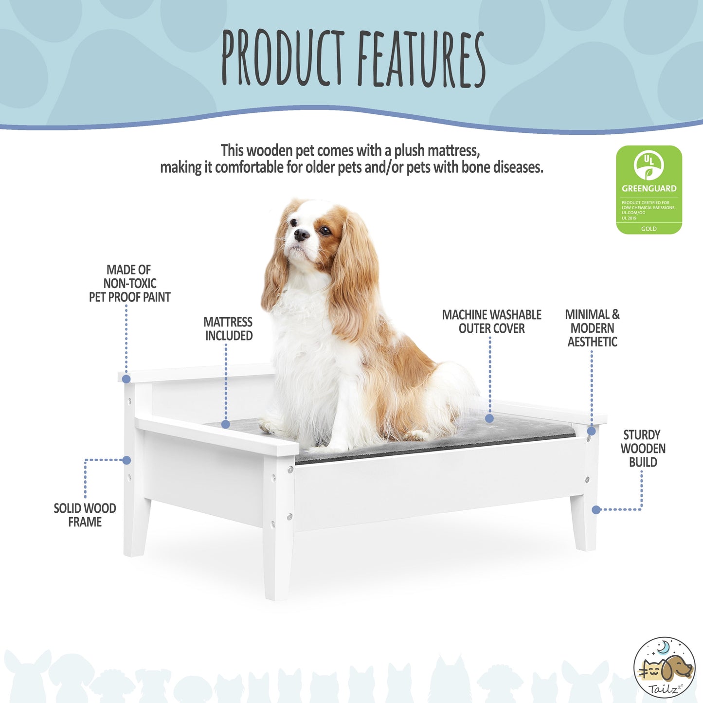 Winston Wooden Pet Bed with Mattress | Small to Medium Pet Bed with Mattress | Elevated Pet Bed | Greenguard Gold Certified Wooden Pet Bed