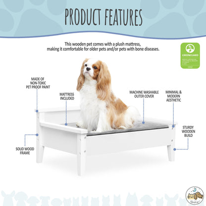 Winston Wooden Pet Bed with Mattress | Small to Medium Pet Bed with Mattress | Elevated Pet Bed | Greenguard Gold Certified Wooden Pet Bed